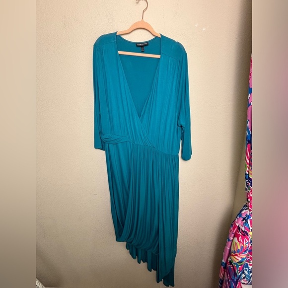 Lane Bryant Teal Blue Asymmetrical Hem Surplice Faux Wrap Midi Dress 22/24 - Picture 8 of 11